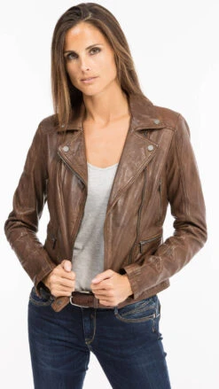 Blouson Cuir Femme Biker New Cognac Foncé "PANEMA"