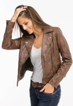 Blouson Cuir Femme Biker New Cognac Foncé "PANEMA" -Maroquinerie 101152cognac5 074062100 1054 12102021