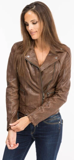 Blouson Cuir Femme Biker New Cognac Foncé "PANEMA" -Maroquinerie 101152cognac7 047104900 1054 12102021