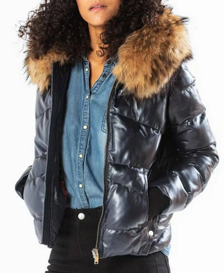 Doudoune Capuche Cuir Femme Navy Bleu "101629" 2 Doudoune Capuche Cuir Femme Navy Bleu "101629" – Image 2