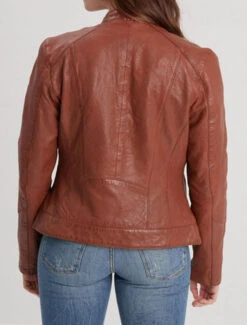 Blouson Cuir Femme Style Motard Cognac " 102581 "
