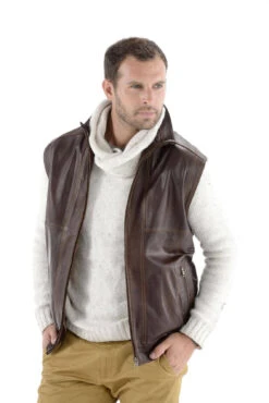 Gilet Cuir Homme Agneau Marron Sans Manches élégant " 2010 " -Maroquinerie 2010 gilet cuir homme marron details 031634800 1632 16102015