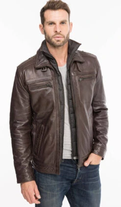 Blouson Cuir Homme Marron " 51704 " Agneau Sport Hiver -Maroquinerie 51704marron3 054281900 1608 07102021