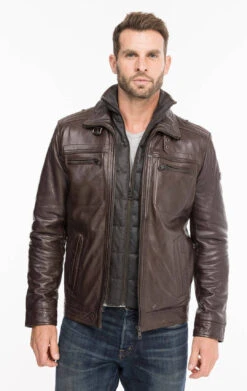 Blouson Cuir Homme Marron " 51704 " Agneau Sport Hiver -Maroquinerie 51704marron4 051746000 1608 07102021