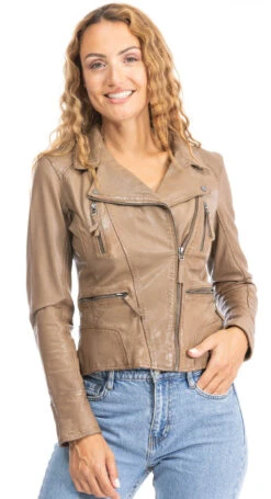 Blouson Cuir Femme Biker Beige Foncé Oakwood " 60861 " -Maroquinerie 60861beigeblousonoakwood 054989900 1549 25092023