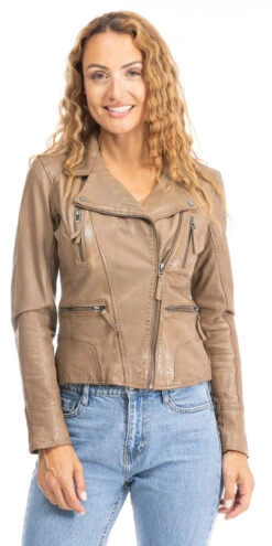 Blouson Cuir Femme Biker Beige Foncé Oakwood " 60861 " -Maroquinerie 60861beigefblousoncuir 020456800 1549 25092023