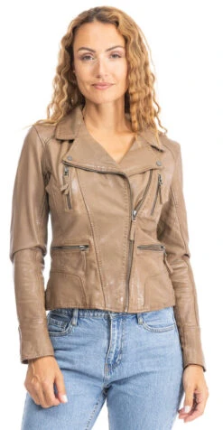 Blouson Cuir Femme Biker Beige Foncé Oakwood " 60861 " -Maroquinerie 60861beigefface 037420800 1549 25092023