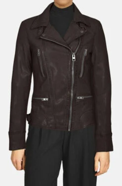 Blouson Cuir Femme Biker Choco Oakwood " 60861 " -Maroquinerie 60861chocodevant 052786800 1601 01092023