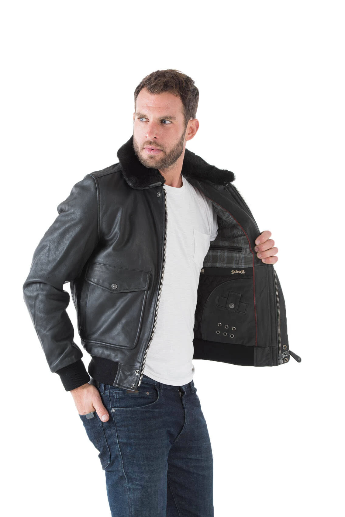 Blouson Cuir Homme Vachette Noir Style Pilote Aviateur Schott " LC 5331X " – Image 3