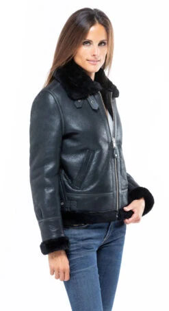 Bombardier Mouton Femme Noir Schott " LCW 1257 " -Maroquinerie blouson bombardier mouton noir schott 1257 chaud hiver peau retournee mannequin 4 057374500 1157 02102018