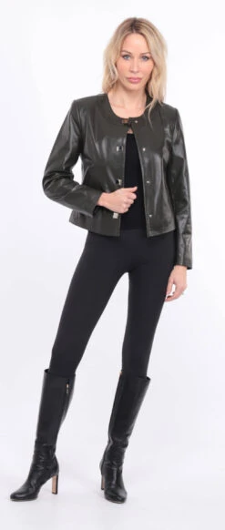 Spencer Cuir Femme Agneau Olive " BRENDE " -Maroquinerie blouson brenda cuir olive 11 016019700 1155 01072023 scaled