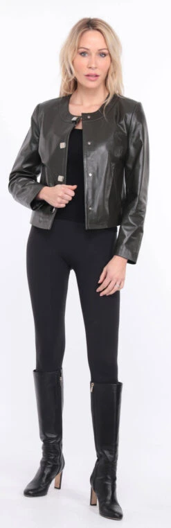 Spencer Cuir Femme Agneau Olive " BRENDE " -Maroquinerie blouson brenda cuir olive 12 064347400 1155 01072023 scaled