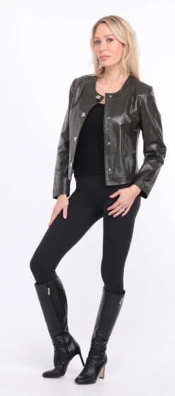 Spencer Cuir Femme Agneau Olive " BRENDE " -Maroquinerie blouson brenda cuir olive 19 078832800 1155 01072023 scaled