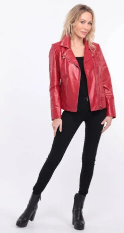 Blouson Cuir Femme Biker Rouge " ELISE "