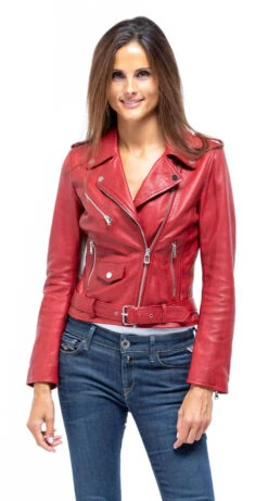 Blouson Cuir Femme Biker Rouge " POPPY "