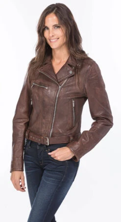 Blouson Cuir Style Biker Cognac Foncé "LAURIE"