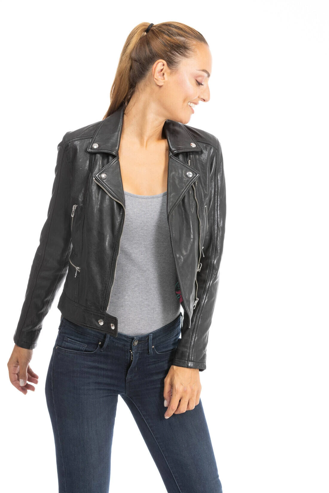 Blouson Cuir Femme Biker Agneau Noir "PANILA" 5 Blouson Cuir Femme Biker Agneau Noir "PANILA" – Image 5