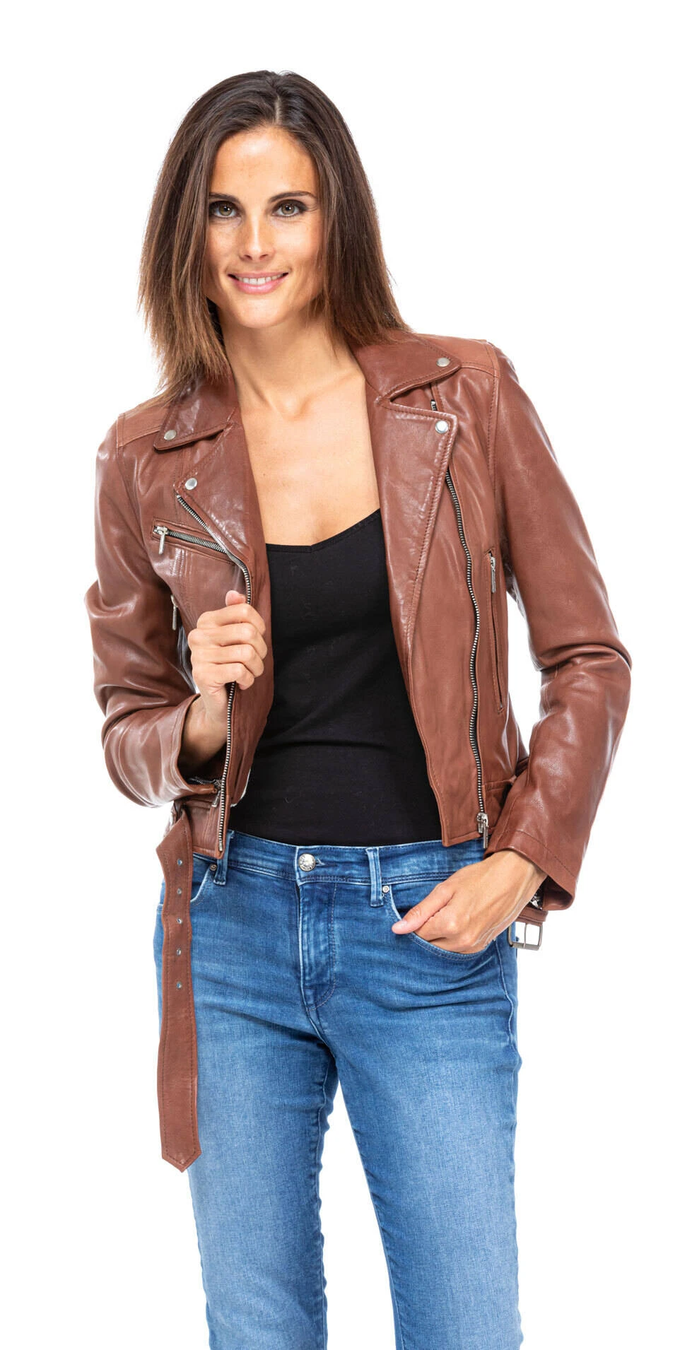 Blouson Cuir Femme Biker Dark Cognac "LAURIE" 4 Blouson Cuir Femme Biker Dark Cognac "LAURIE" – Image 4
