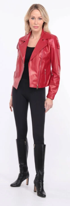 Blouson Biker Agneau Rouge Femme " LYNE "