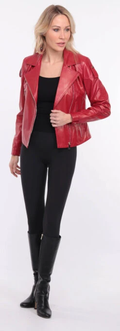 Blouson Biker Agneau Rouge Femme " LYNE " -Maroquinerie blouson cuir femme rouge lyna 15 042532200 1406 01072023 scaled
