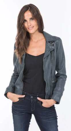 Blouson Cuir Femme Petrole Oakwood Style Biker "62065" -Maroquinerie blouson cuir femme style perfecto agneau petrole 62065 8 078595300 1447 24092020
