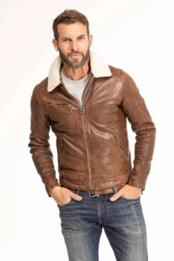 Blouson Cuir Homme Dark Cognac " 102423 " -Maroquinerie blouson cuir homme cognac fonce 102423 10 053302900 1009 29092023