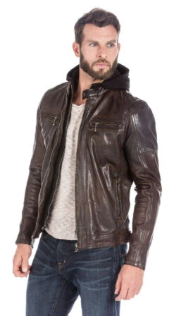 Blouson Cuir Homme à Capuche Dark Cognac " ENZO " -Maroquinerie blouson cuir homme esprit motard tendance 101126cognac14414 012929900 1650 27102022