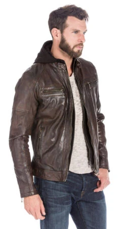 Blouson Cuir Homme à Capuche Dark Cognac " ENZO " -Maroquinerie blouson cuir homme esprit motard tendance 101126cognac14415 018128400 1650 27102022