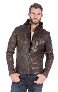 Blouson Cuir Homme à Capuche Dark Cognac " ENZO " -Maroquinerie blouson cuir homme esprit motard tendance 101126cognac14416 046074700 1650 27102022