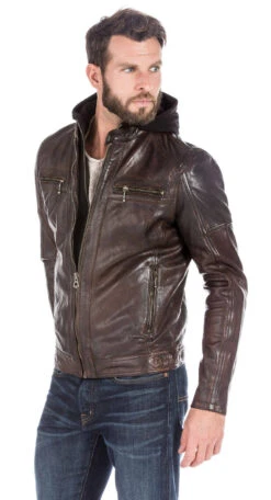 Blouson Cuir Homme à Capuche Dark Cognac " ENZO " -Maroquinerie blouson cuir homme esprit motard tendance 101126cognac14417 050178500 1650 27102022