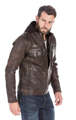 Blouson Cuir Homme à Capuche Dark Cognac " ENZO " -Maroquinerie blouson cuir homme esprit motard tendance 101126cognac14418 082761100 1650 27102022