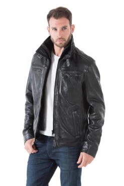 Blouson Cuir Homme Noir " 51704 " Agneau Sport Hiver -Maroquinerie blouson cuir homme noir 51704 classique col chemise couvrant ouatine hiver face 053815500 1511 15102016