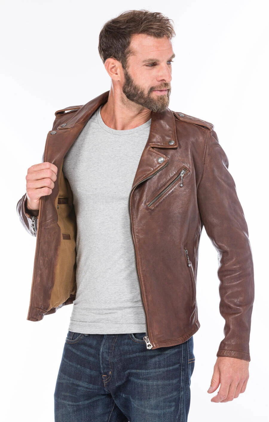 Blouson Cuir Homme Biker Dark Cognac " GOLBERG " 1 Blouson Cuir Homme Biker Dark Cognac " GOLBERG "