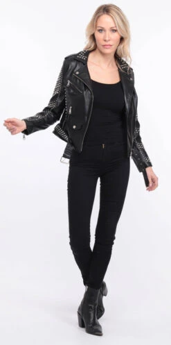 Blouson Biker Femme Agneau Noir Clouté " MILENA " -Maroquinerie blouson cuir noir marbella clout 15 085064800 1406 01072023 scaled