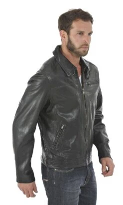 Blouson Cuir Homme Agneau Lavé Noir Sport Mode " 100144 "