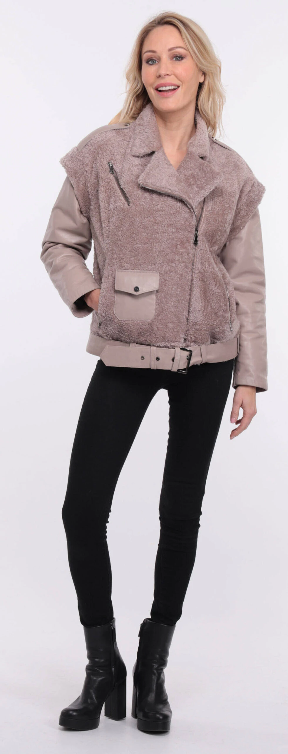 Blouson Cuir Agneau + Mouton Gris Clair " TINE " 6 Blouson Cuir Agneau + Mouton Gris Clair " TINE " – Image 6