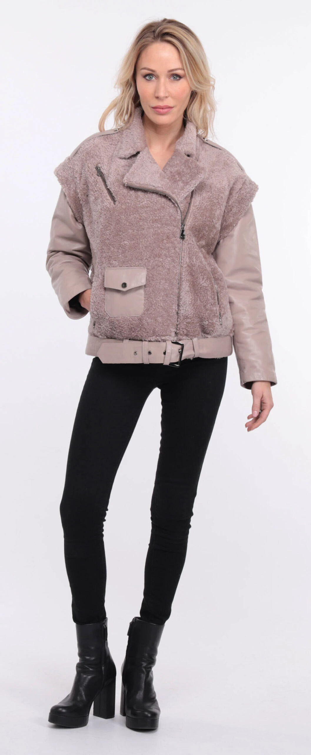 Blouson Cuir Agneau + Mouton Gris Clair " TINE " 5 Blouson Cuir Agneau + Mouton Gris Clair " TINE " – Image 5