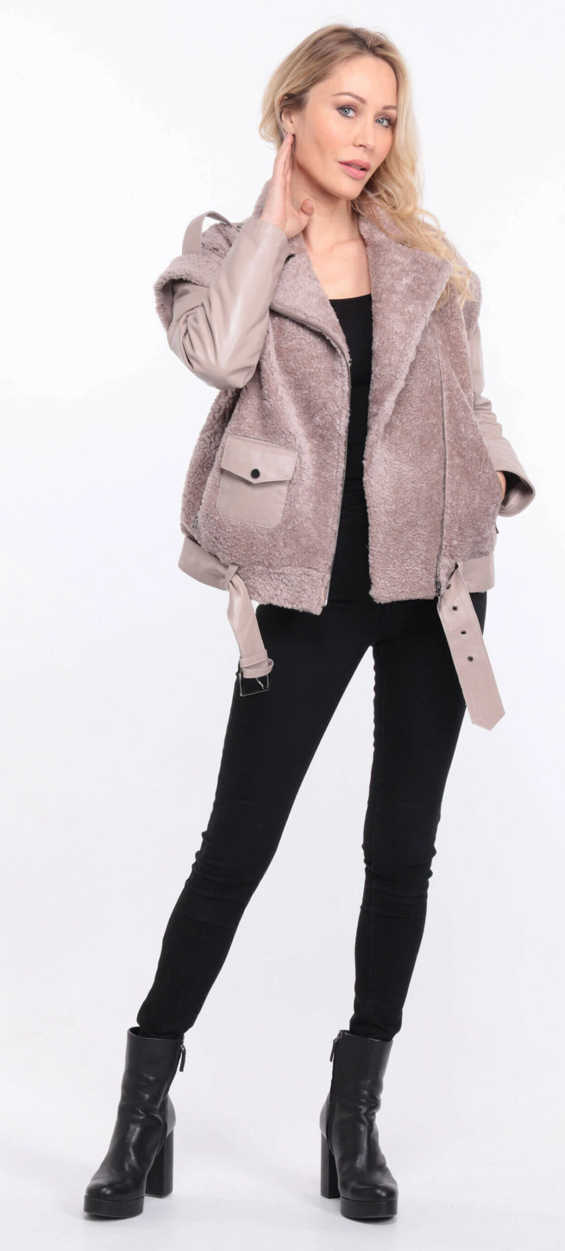 Blouson Cuir Agneau + Mouton Gris Clair " TINE " 7 Blouson Cuir Agneau + Mouton Gris Clair " TINE " – Image 7