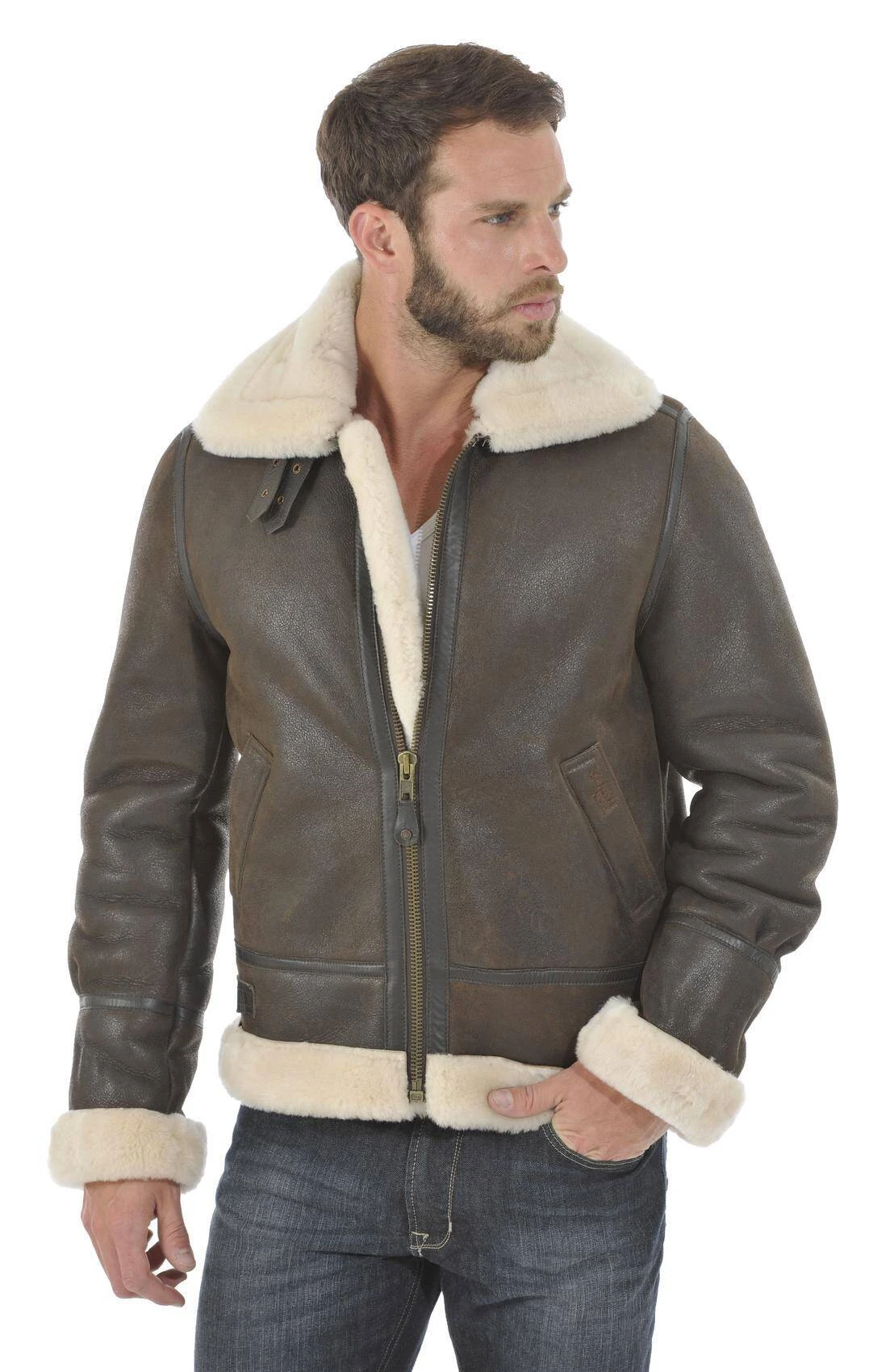 Blouson Cuir Homme Schott Fourrure Moutonmarron Coupe Bombardier " LC 1259 " 1 Blouson Cuir Homme Schott Fourrure Moutonmarron Coupe Bombardier " LC 1259 "