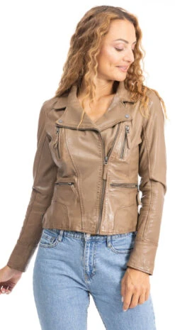 Blouson Cuir Femme Biker Beige Foncé Oakwood " 60861 " -Maroquinerie bousoncuir60861be 046482800 1549 25092023