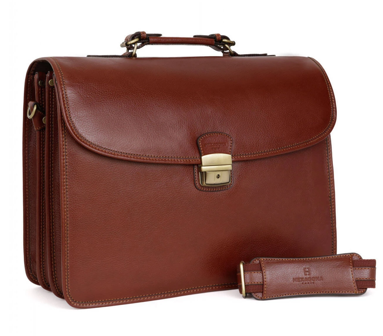 Hexagona Serviette 3 Soufflets Cuir Vachette Marron " 119074 " 1 Hexagona Serviette 3 Soufflets Cuir Vachette Marron " 119074 "