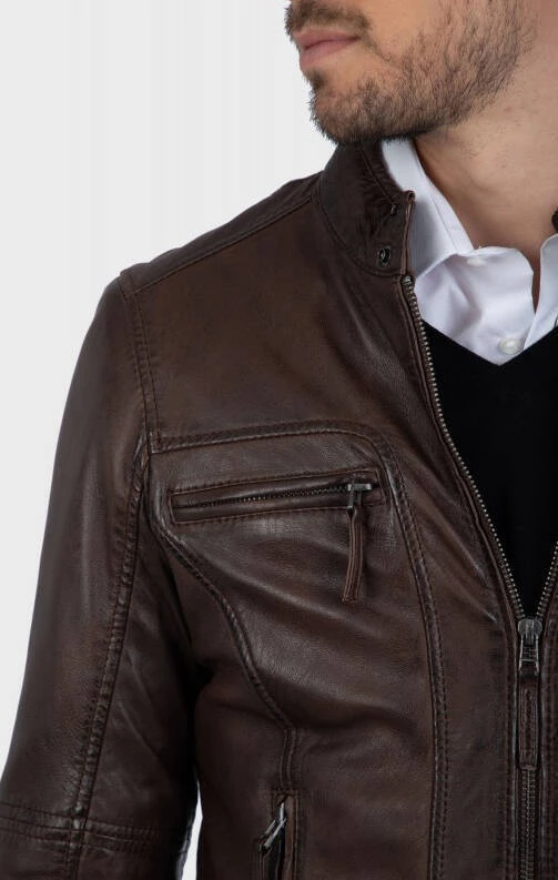 Blouson Cuir Homme Marron Oakwood " 60901 " Agneau Style Motard Tendance 2 Blouson Cuir Homme Marron Oakwood " 60901 " Agneau Style Motard Tendance – Image 2