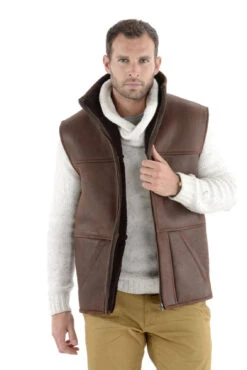 Gilet Cuir Homme Marron Fourrure Mouton Chaud Hiver " CAUTERETS " -Maroquinerie cauterets gilet cuir homme marron presentation 033838900 1649 16102015