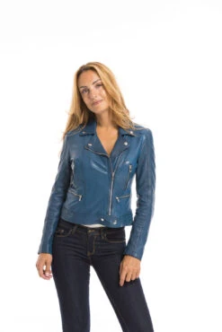 Blouson Cuir Femme Biker Agneau Bleu "PANILA" -Maroquinerie cg23femme102100bleu23147 097415700 1718 29092022