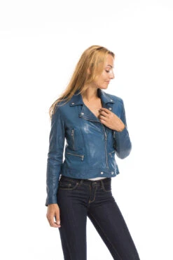 Blouson Cuir Femme Biker Agneau Bleu "PANILA" -Maroquinerie cg23femme102100bleu23156 029867300 1718 29092022