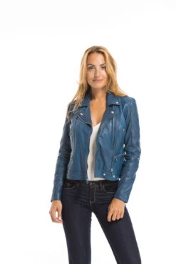 Blouson Cuir Femme Biker Agneau Bleu "PANILA"