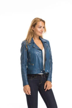 Blouson Cuir Femme Biker Agneau Bleu "PANILA" -Maroquinerie cg23femme102100bleu23163 023764300 1718 29092022