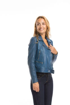 Blouson Cuir Femme Biker Agneau Bleu "PANILA" -Maroquinerie cg23femme102100bleu23164 023953300 1718 29092022