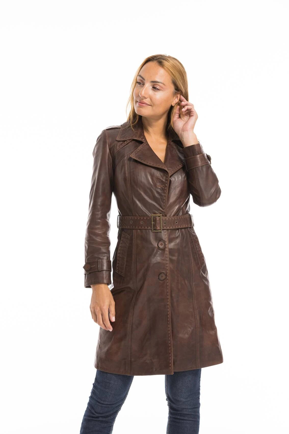 Trois Quart Cuir Femme Marron C 469 Style Trench "MODESA" 9 Trois Quart Cuir Femme Marron C 469 Style Trench "MODESA" – Image 9