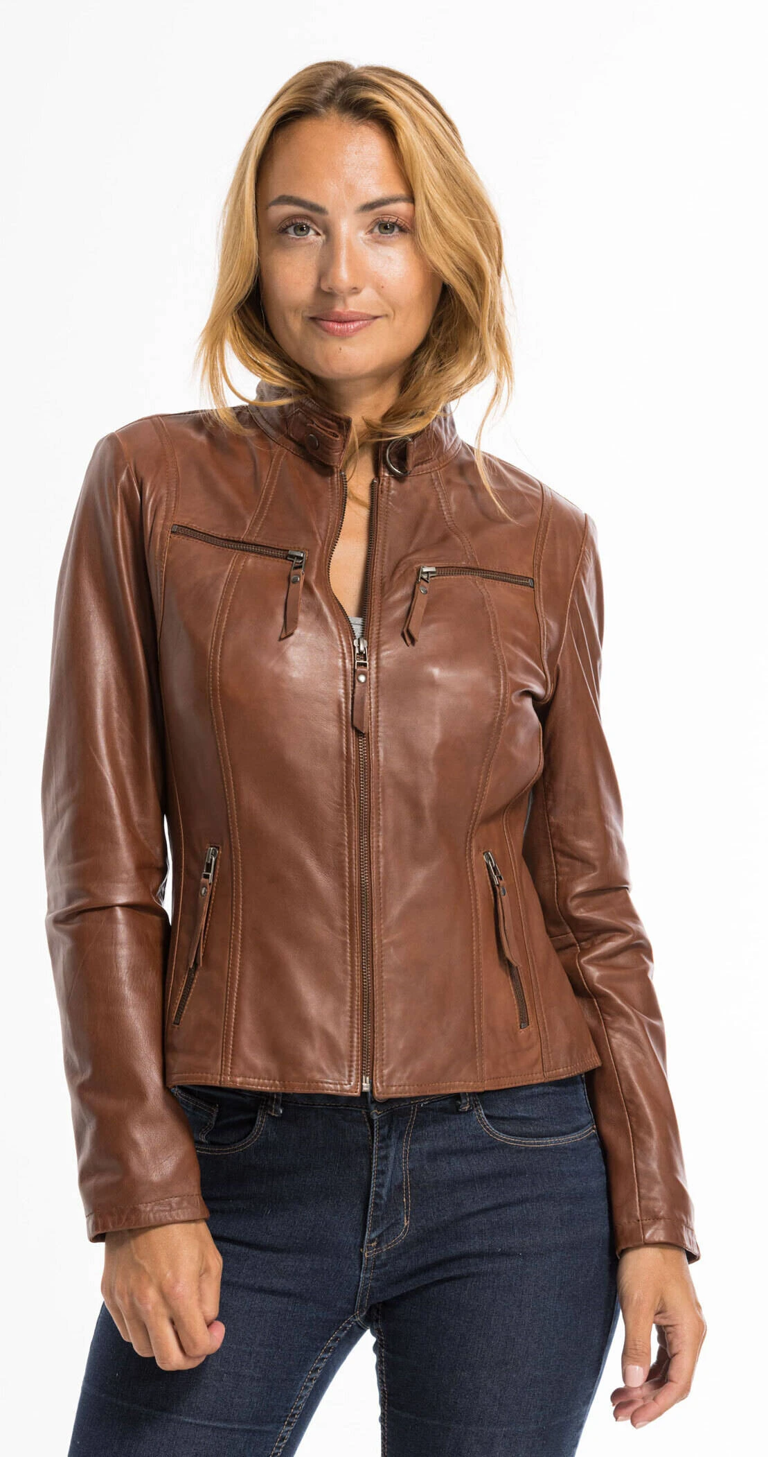Veste Cuir Femme Cognac Clair "P14-01" 19 Veste Cuir Femme Cognac Clair "P14-01" – Image 19